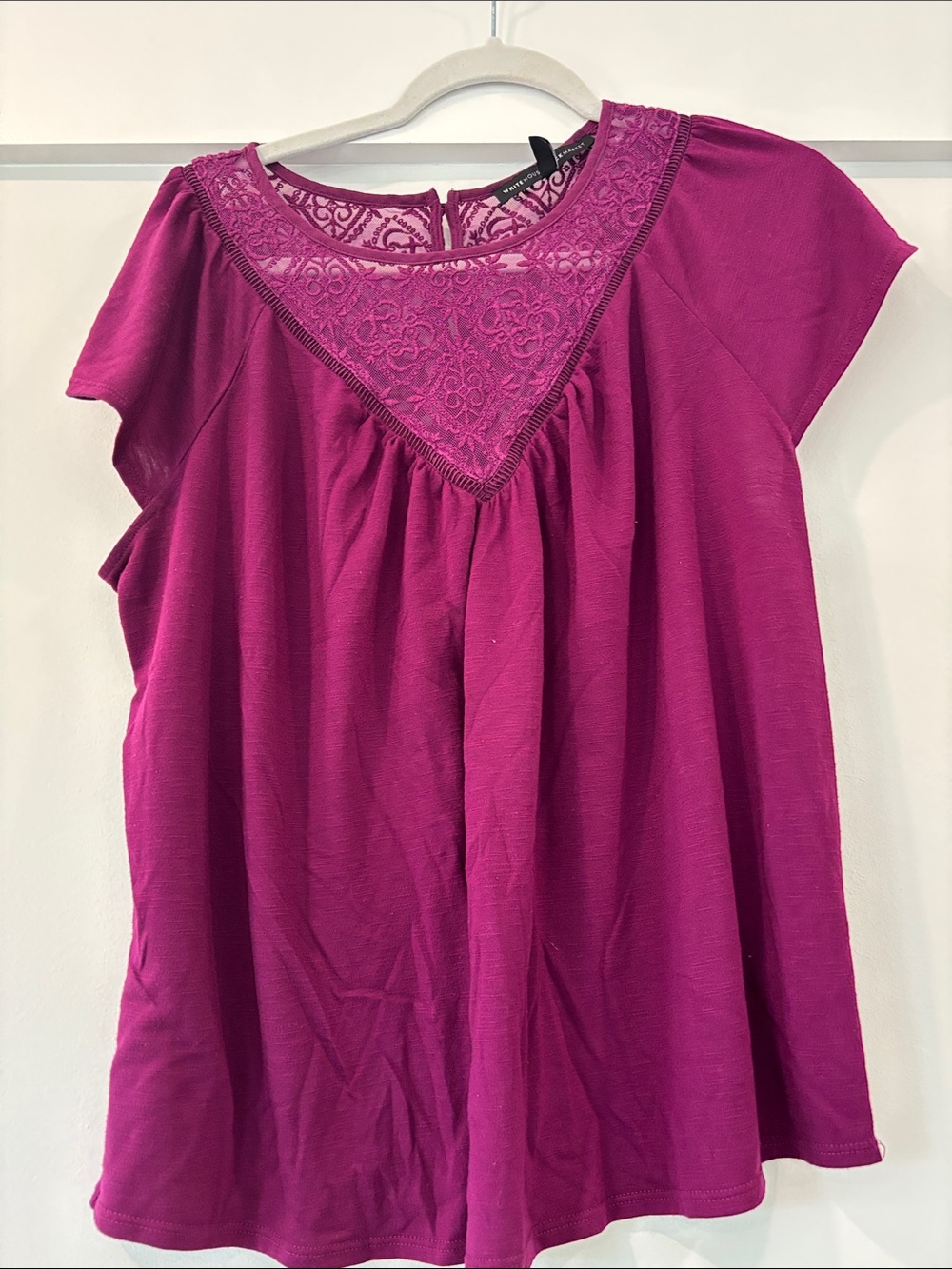 White House Black Market Fuchsia Lace Yoke Short-Sleeve Top